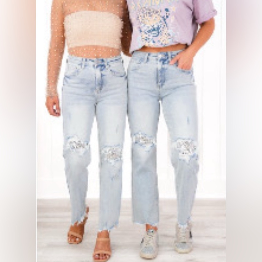 Distressed Risen Light Blue Denim Jeans - Sequin Knees NEW NWT SIZE: 13/31